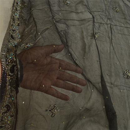 Sanskriti Vintage Long Black Dupatta/Stole Pure Chiffon Silk Hand Beaded Scarves