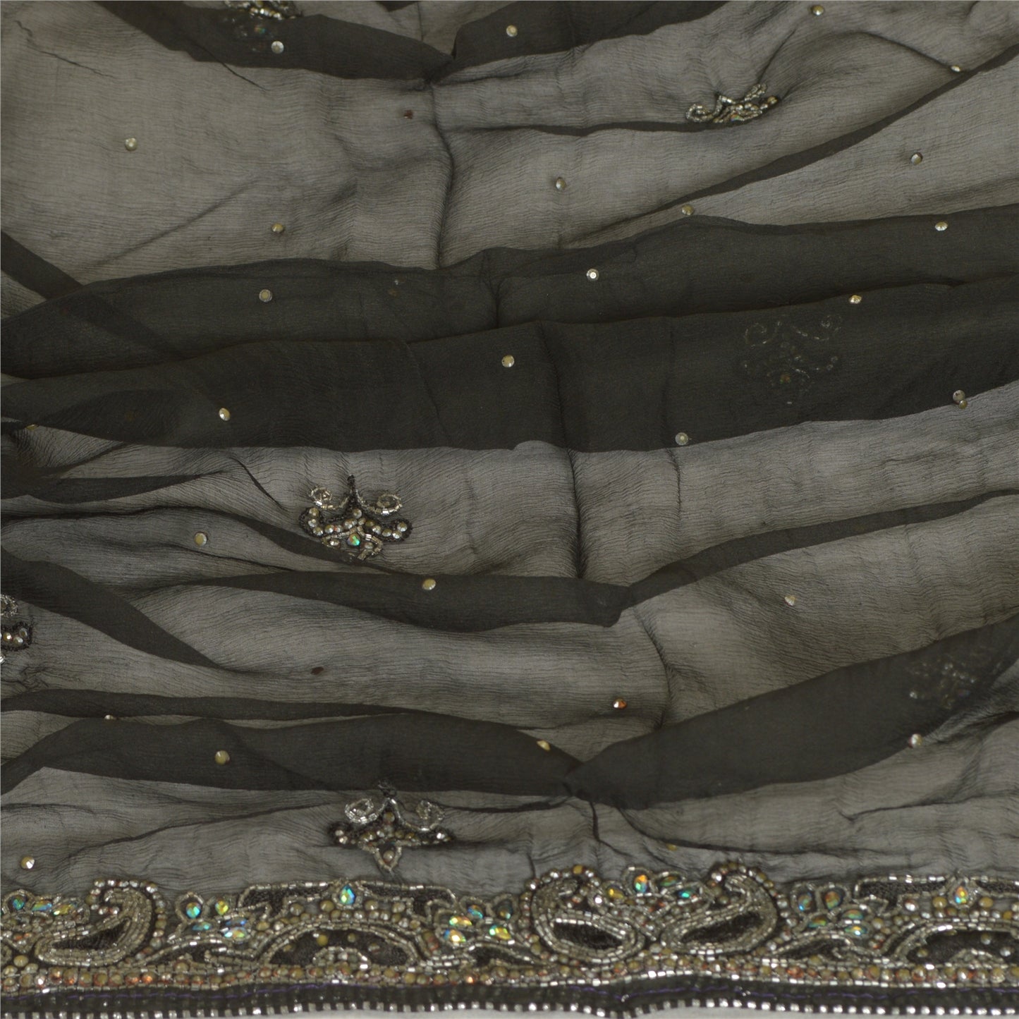 Sanskriti Vintage Long Black Dupatta/Stole Pure Chiffon Silk Hand Beaded Scarves