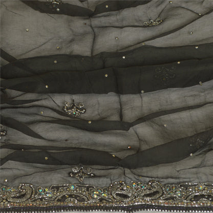 Sanskriti Vintage Long Black Dupatta/Stole Pure Chiffon Silk Hand Beaded Scarves