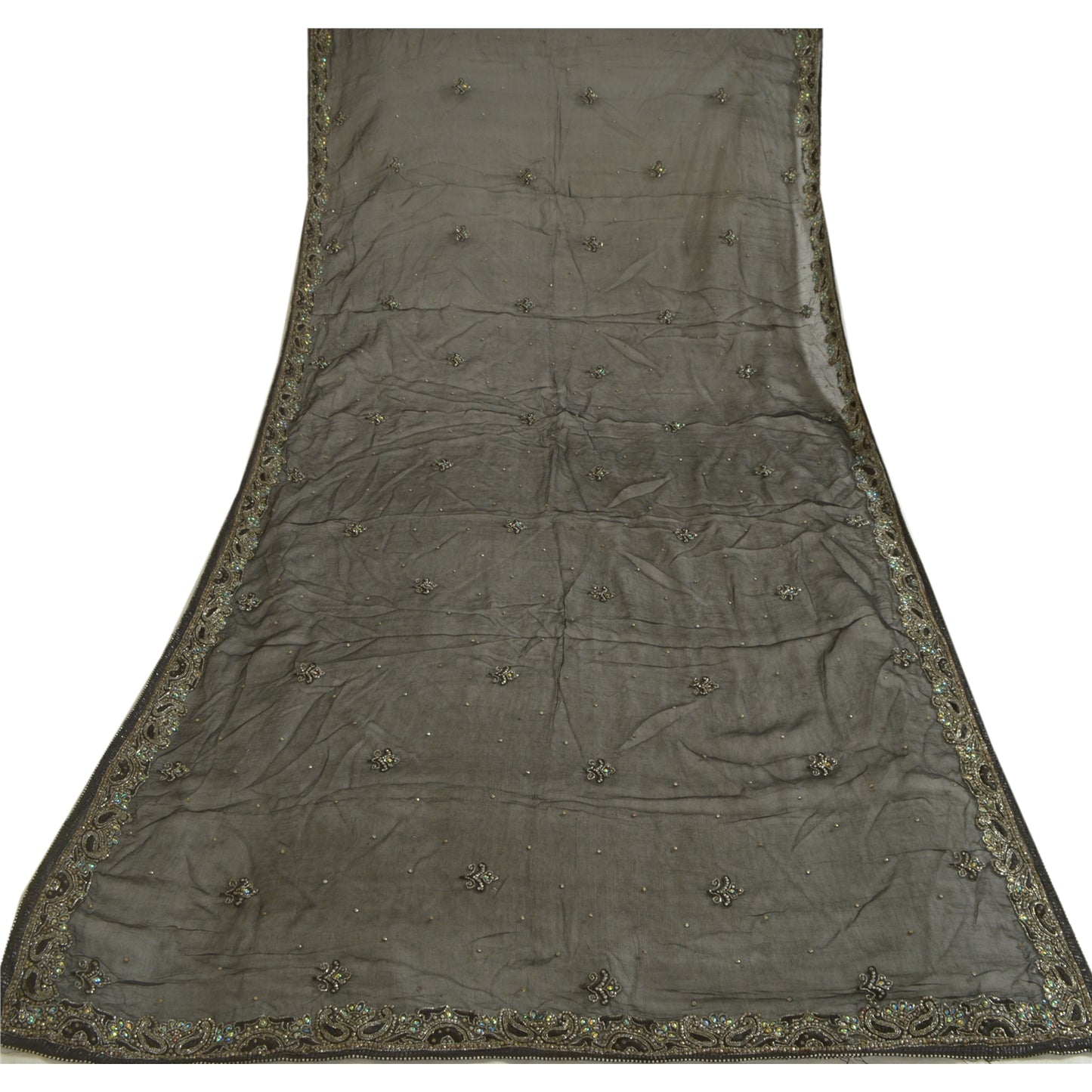 Sanskriti Vintage Long Black Dupatta/Stole Pure Chiffon Silk Hand Beaded Scarves