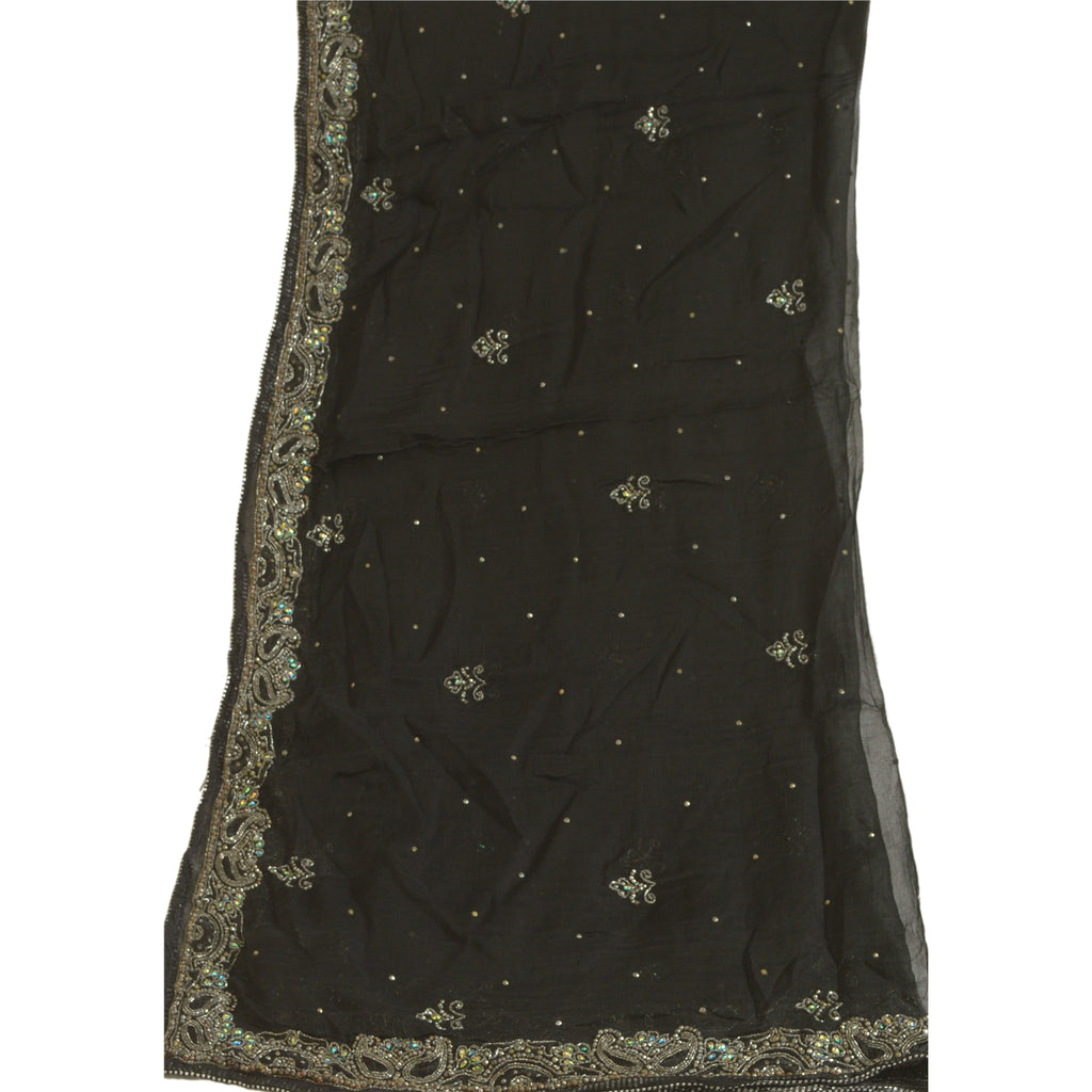 Sanskriti Vintage Long Black Dupatta/Stole Pure Chiffon Silk Hand Beaded Scarves