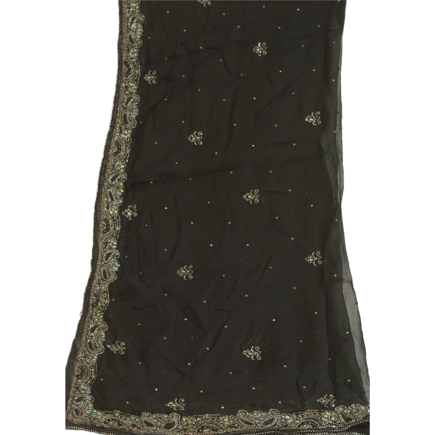 Sanskriti Vintage Long Black Dupatta/Stole Pure Chiffon Silk Hand Beaded Scarves