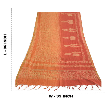 Sanskriti Vintage Long Dupatta Stole Cotton Silk Saffron/Brick Red Block Printed