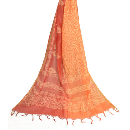 Sanskriti Vintage Long Dupatta Stole Cotton Silk Saffron/Brick Red Block Printed