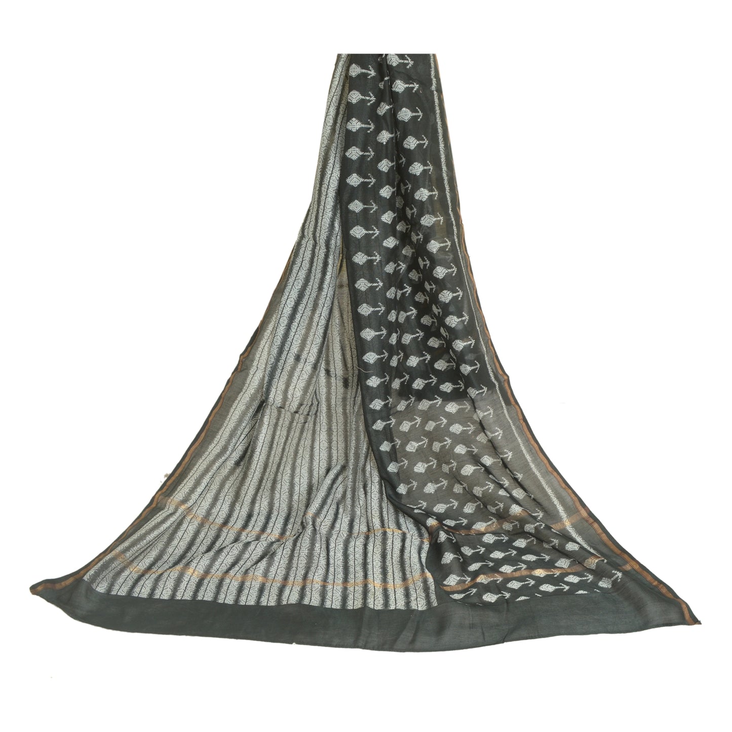 Санскрити Винтаж Длинный Дупатта Палантин Хлопок Шелк Черно-Белый Печатный Хиджаб
