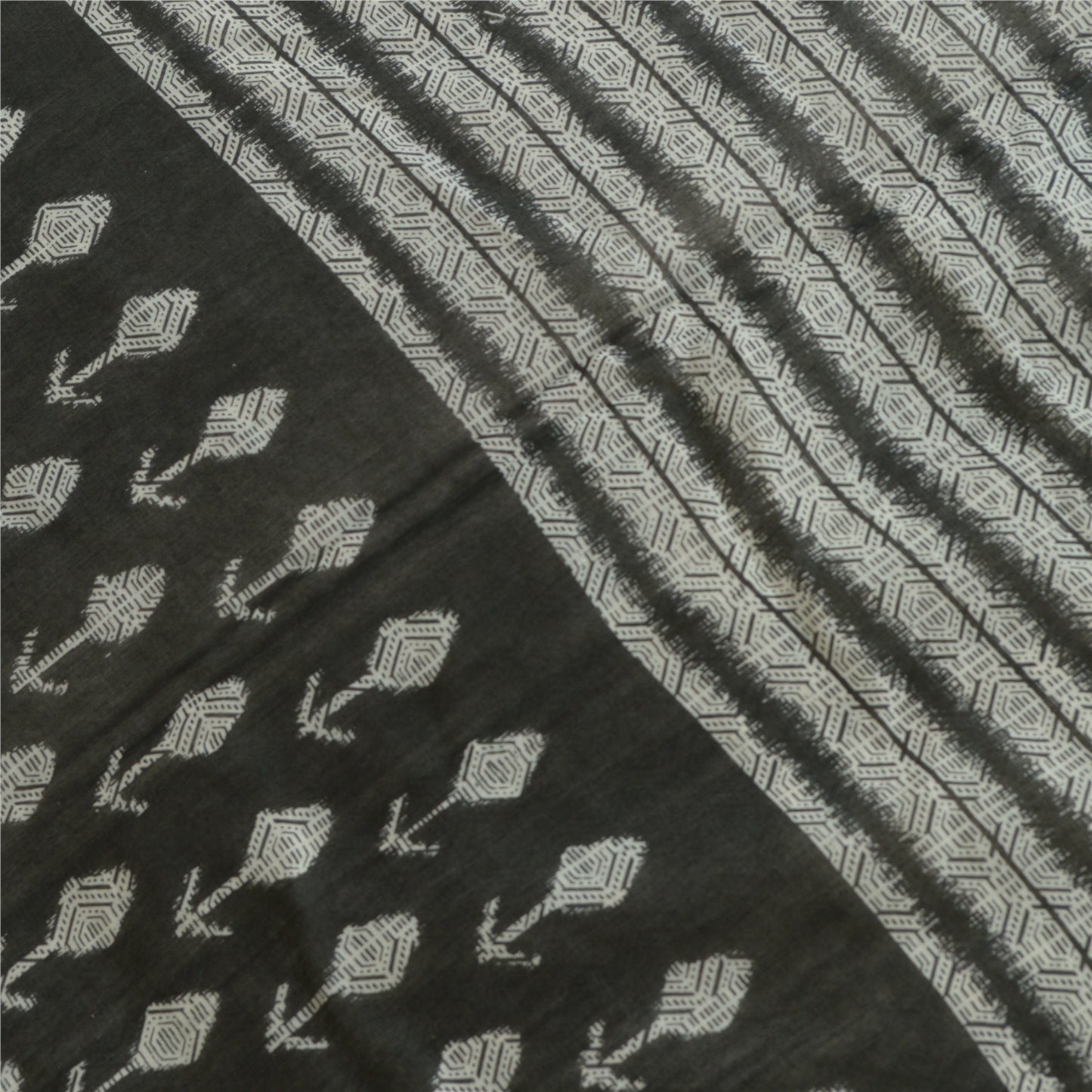 Санскрити Винтаж Длинный Дупатта Палантин Хлопок Шелк Черно-Белый Печатный Хиджаб