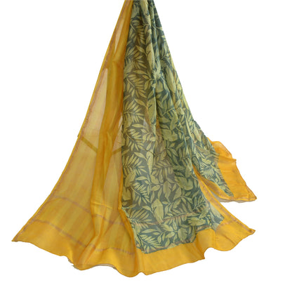 Sanskriti Vintage Lang Dupatta Stola Bomuld Silke Safran/Grøn Trykt Vævet
