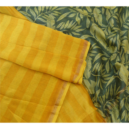 Sanskriti Vintage Lang Dupatta Stola Bomuld Silke Safran/Grøn Trykt Vævet