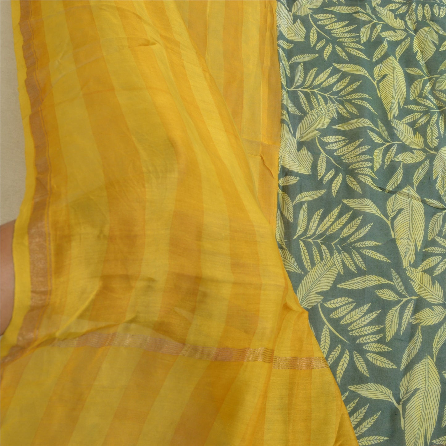 Sanskriti Vintage Lang Dupatta Stola Bomuld Silke Safran/Grøn Trykt Vævet