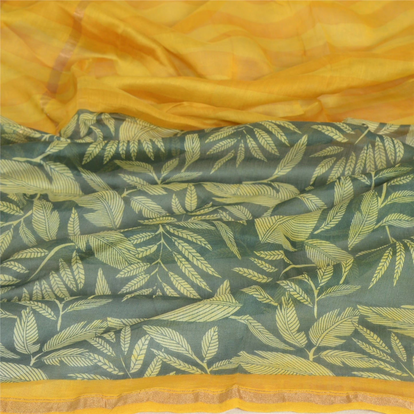 Sanskriti Vintage Lang Dupatta Stola Bomuld Silke Safran/Grøn Trykt Vævet