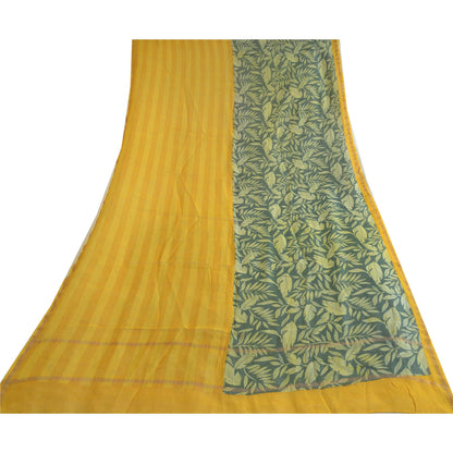 Sanskriti Vintage Lang Dupatta Stola Bomuld Silke Safran/Grøn Trykt Vævet