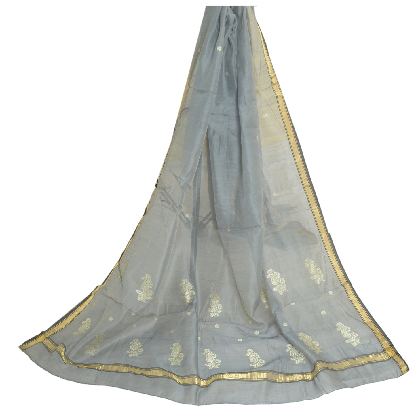 Sanskriti Vintage Long Grey Dupatta/Stole Cotton Silk Hand-Woven Tant Scarves