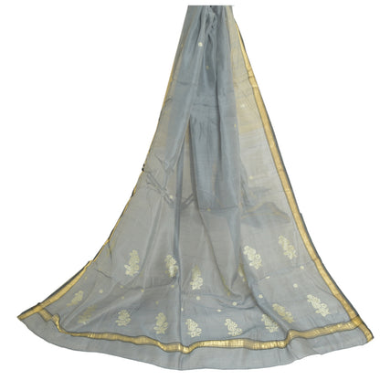 Sanskriti Vintage Long Grey Dupatta/Stole Cotton Silk Hand-Woven Tant Scarves