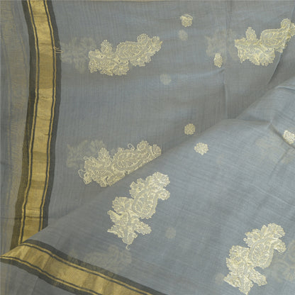 Sanskriti Vintage Long Grey Dupatta/Stole Cotton Silk Hand-Woven Tant Scarves