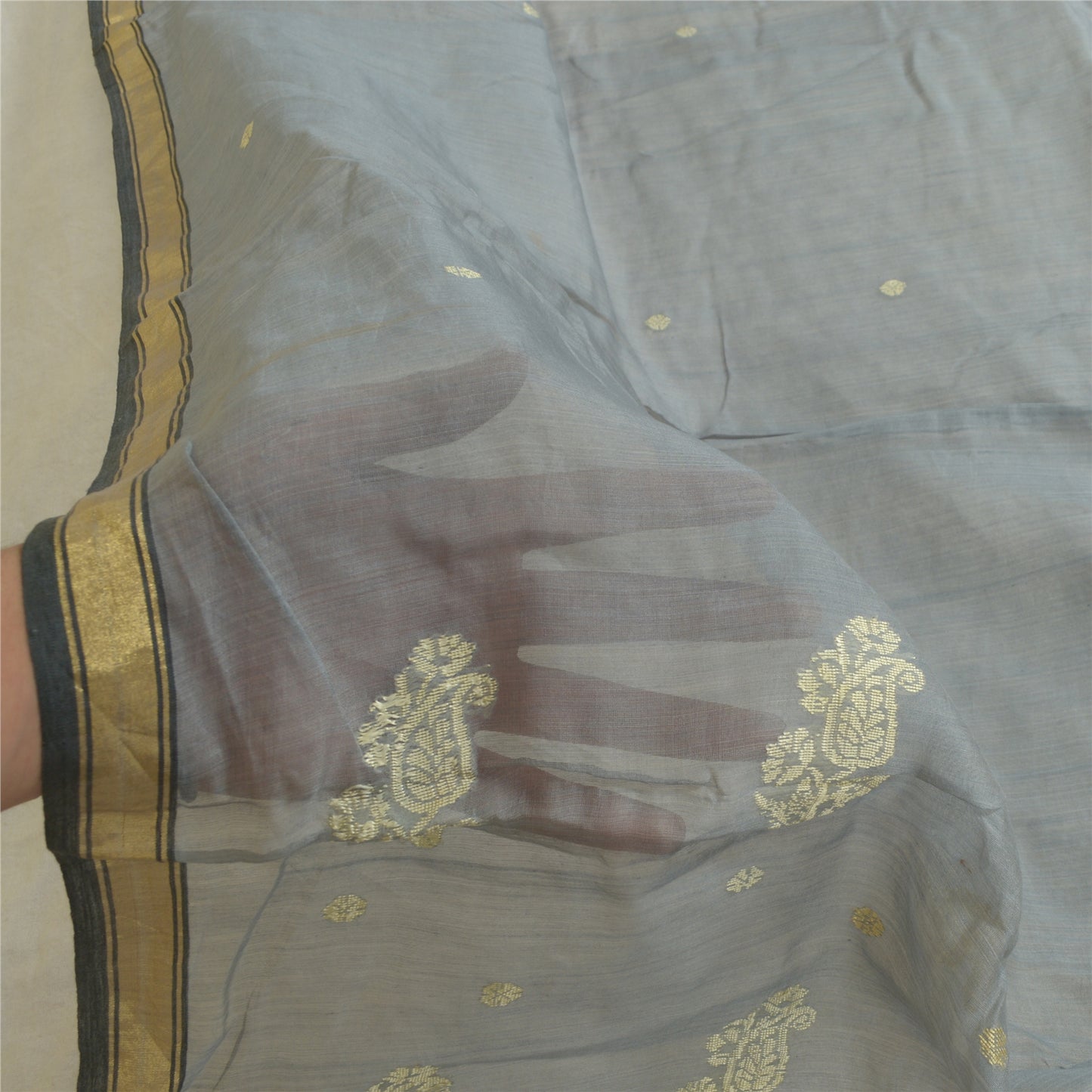 Sanskriti Vintage Long Grey Dupatta/Stole Cotton Silk Hand-Woven Tant Scarves