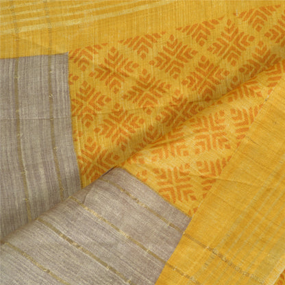 Sanskriti Vintage Long Grey/Yellow Dupatta/Stole Cotton Silk Printed Scarves