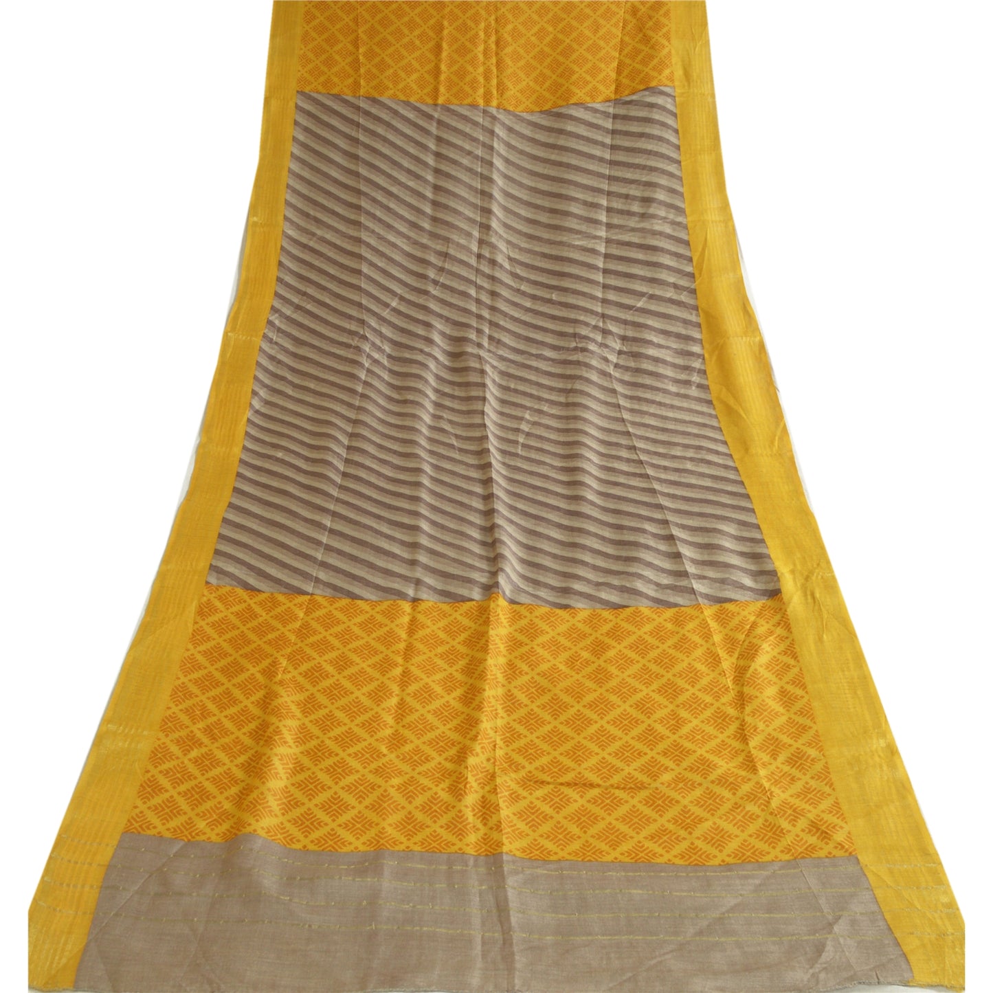 Sanskriti Vintage Long Grey/Yellow Dupatta/Stole Cotton Silk Printed Scarves