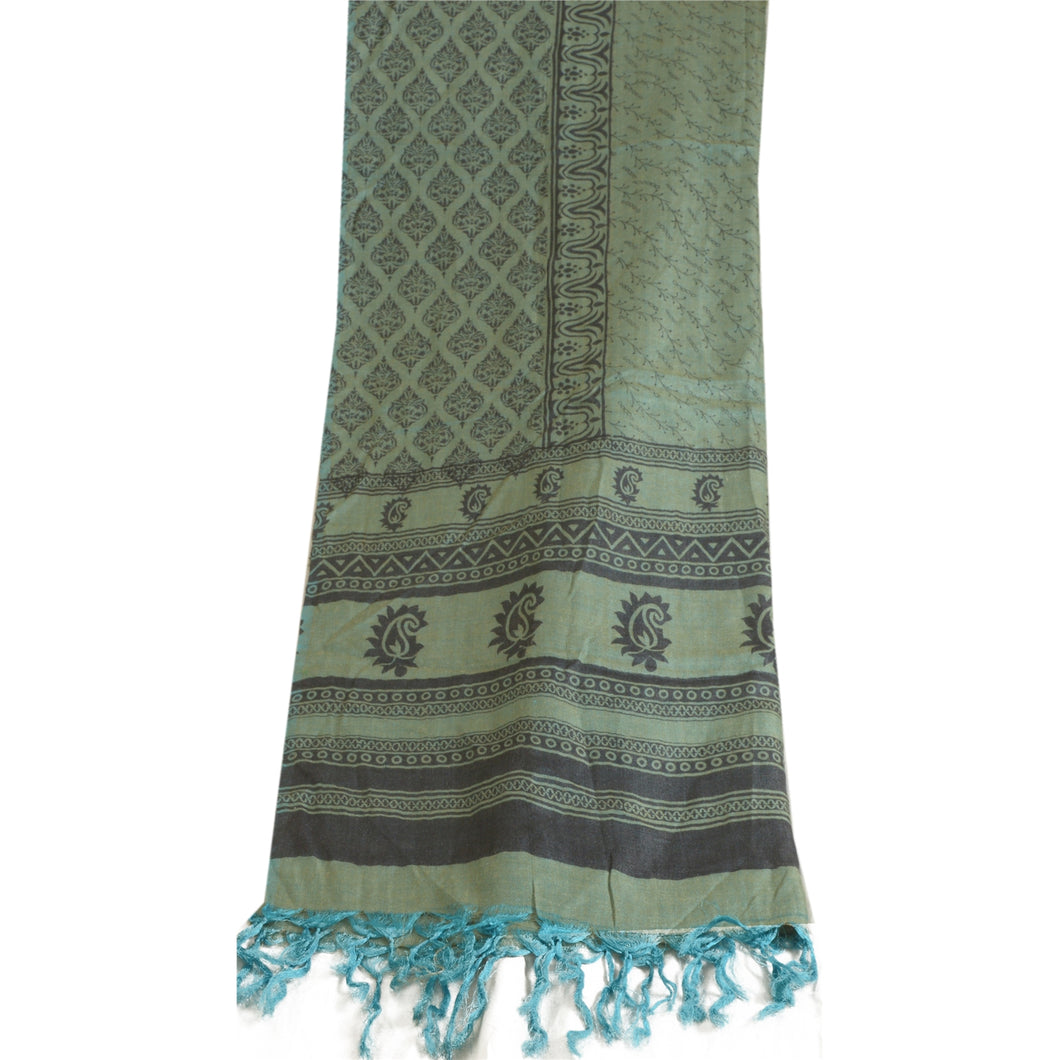 Sanskriti Vintage Long Dupatta Stole Pure Woolen Green Shawl Printed Scarves