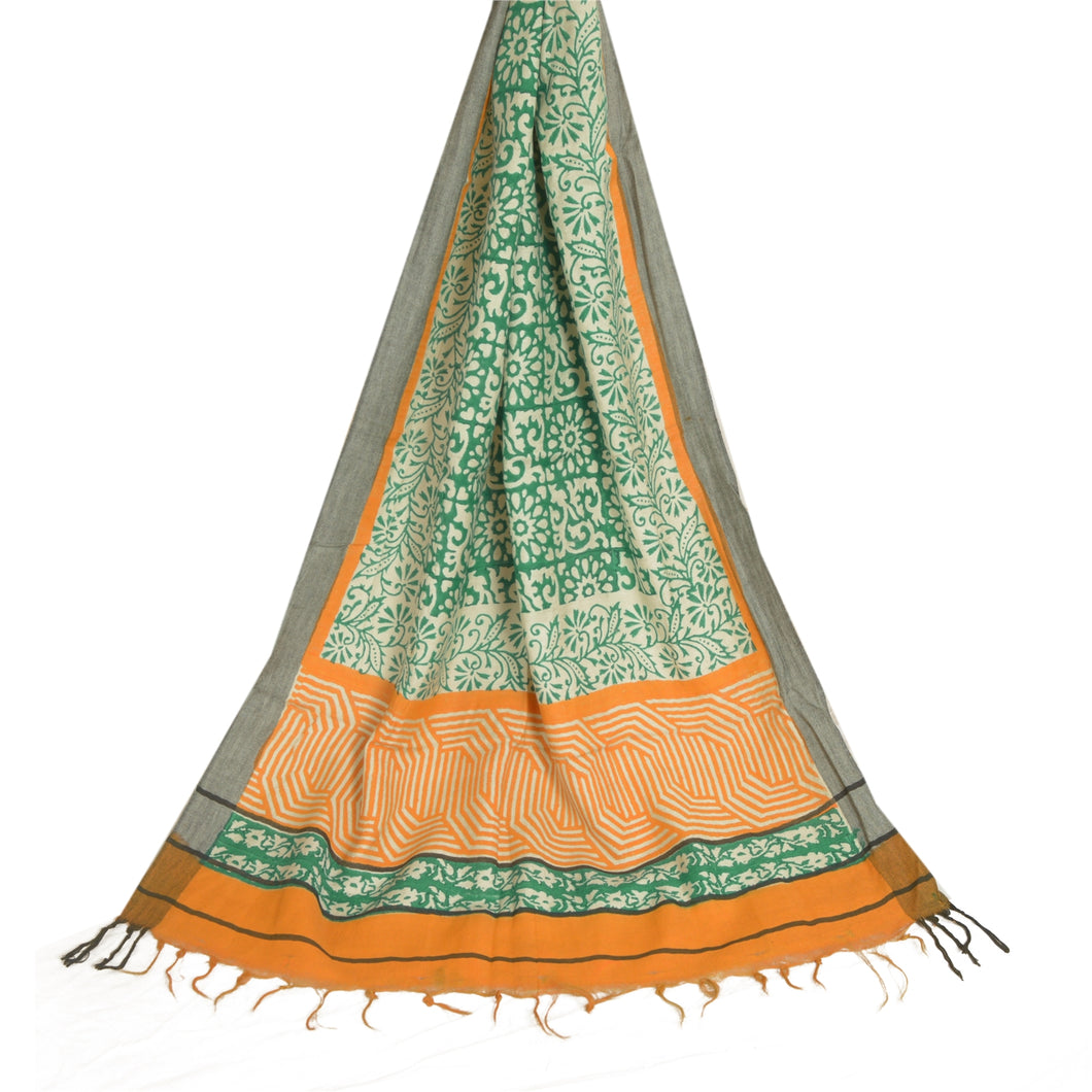 Sanskriti Vintage Long Dupatta Stole Pure Woolen Green Shawl Printed Wrap Veil