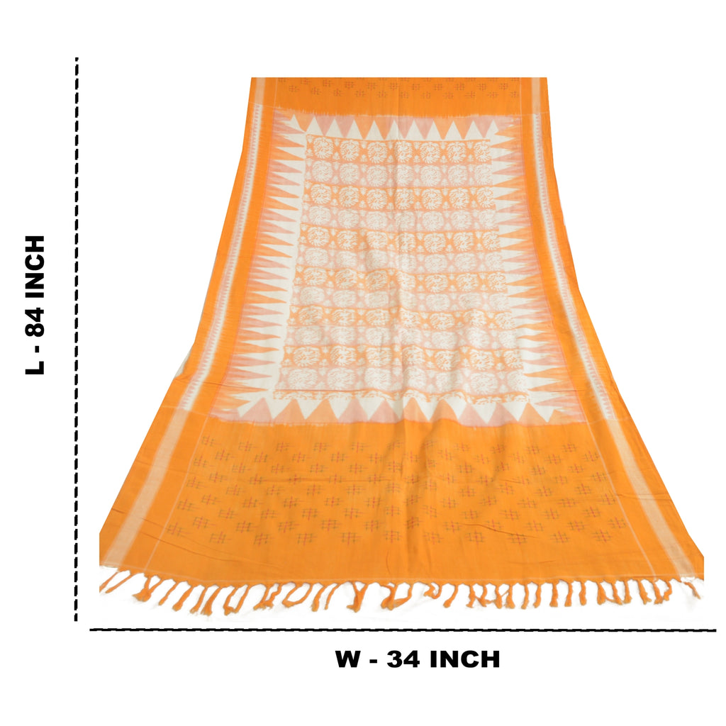 Sanskriti Vintage Saffron-Ivory Dupatta Stole Pure Cotton Ikat Woven Hand Block