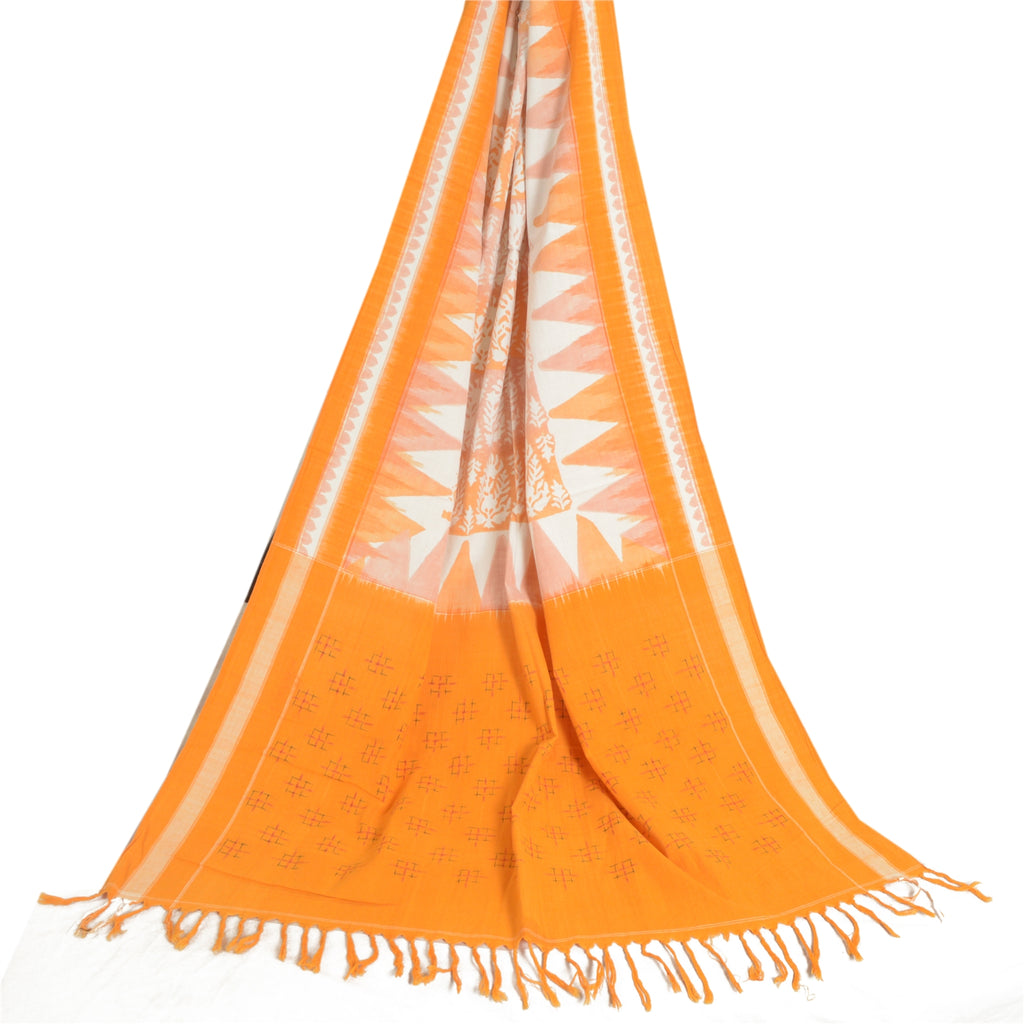 Sanskriti Vintage Long Dupatta Stole Pure Cotton Saffron/White Woven Ikat Hijab