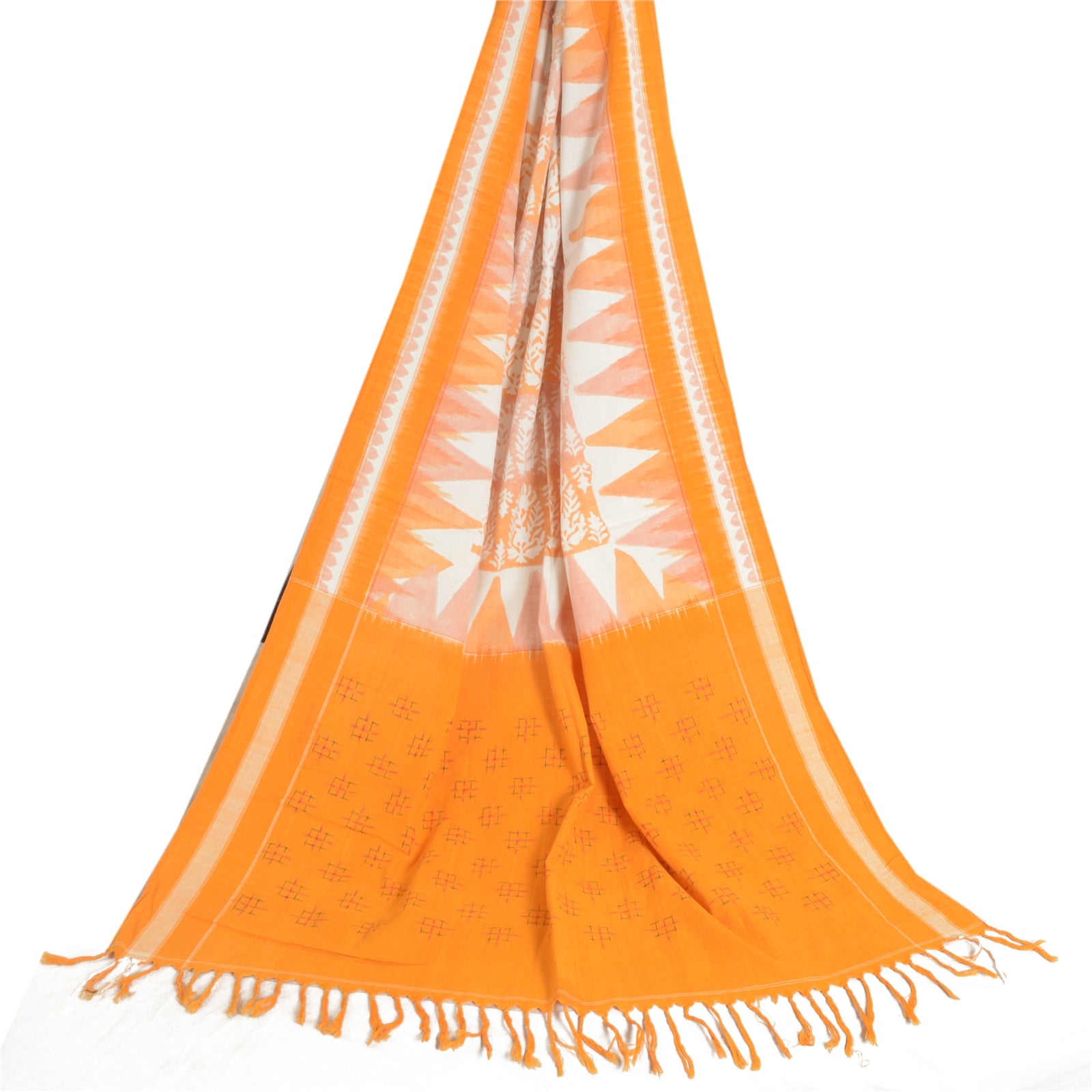 Sanskriti Vintage Saffron-Ivory Dupatta Stole Pure Cotton Ikat Woven Hand Block