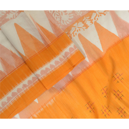 Sanskriti Vintage Long Dupatta Stole Pure Cotton Saffron/White Woven Ikat Hijab