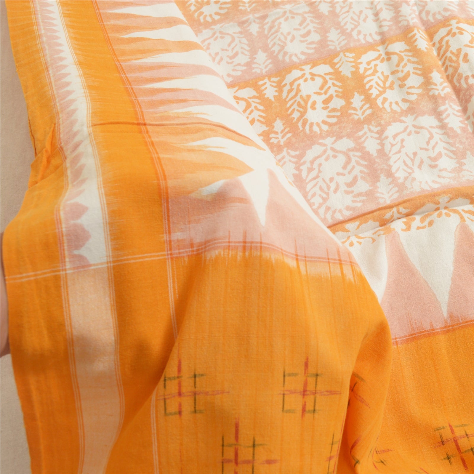 Sanskriti Vintage Saffron-Ivory Dupatta Stole Pure Cotton Ikat Woven Hand Block
