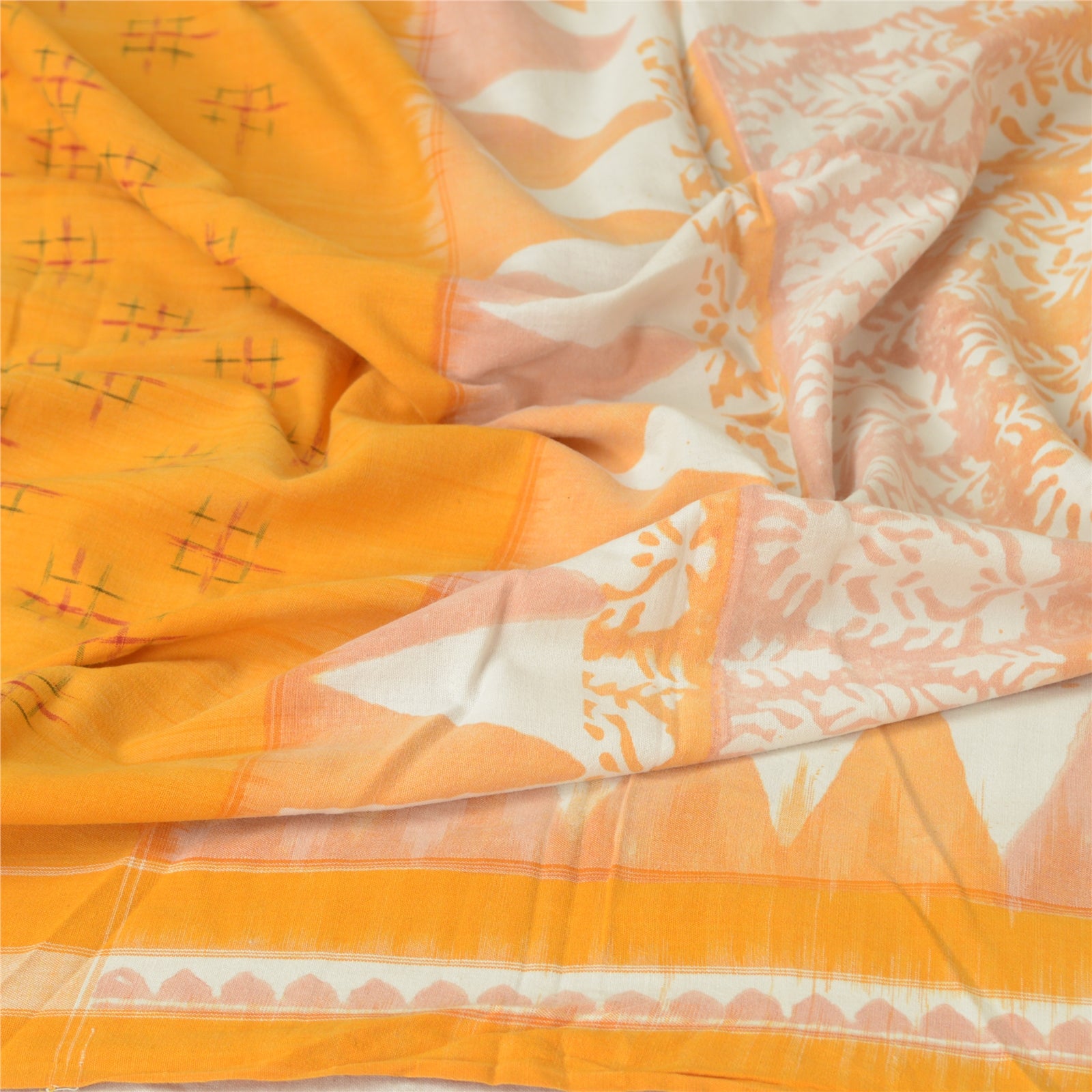 Sanskriti Vintage Saffron-Ivory Dupatta Stole Pure Cotton Ikat Woven Hand Block