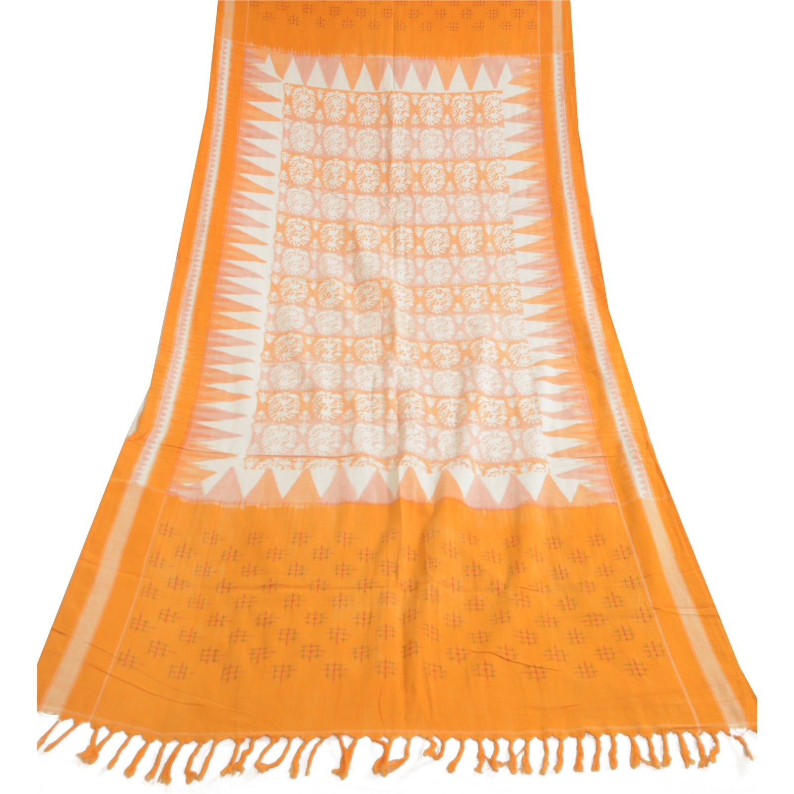 Sanskriti Vintage Saffron-Ivory Dupatta Stole Pure Cotton Ikat Woven Hand Block