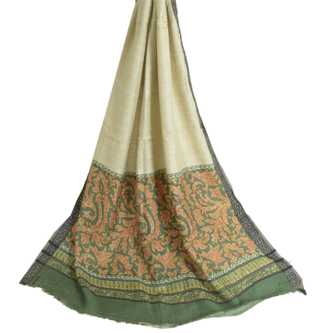 Sanskriti Vintage Long Dupatta Stole Pure Woolen Green/Ivory Hijab Printed Shawl