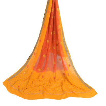 Sanskriti Vintage Long Orange/Saffron Dupatta/Stole Pure Georgette Silk Handmade