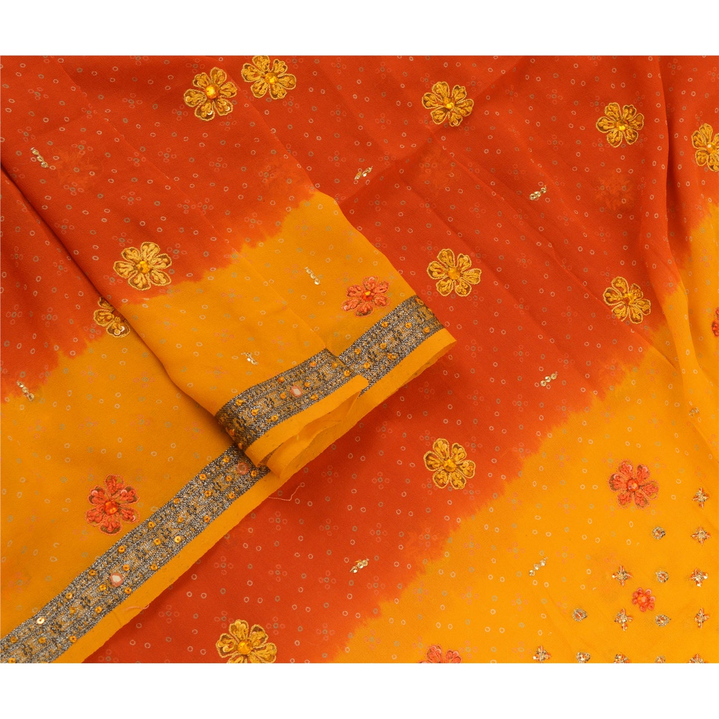 Sanskriti Vintage Long Orange/Saffron Dupatta/Stole Pure Georgette Silk Handmade