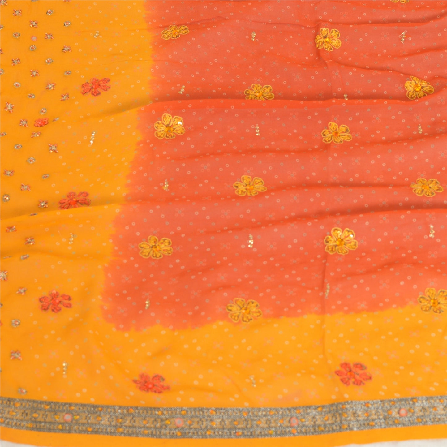 Sanskriti Vintage Long Orange/Saffron Dupatta/Stole Pure Georgette Silk Handmade