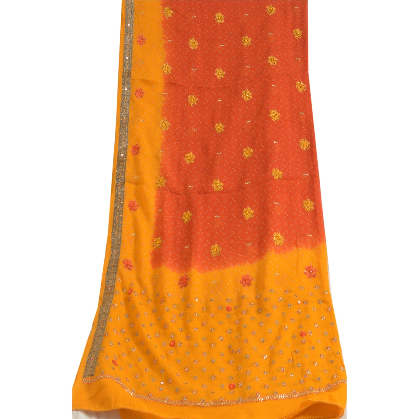 Sanskriti Vintage Long Orange/Saffron Dupatta/Stole Pure Georgette Silk Handmade