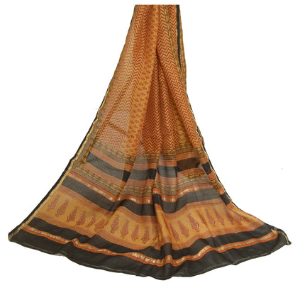Sanskriti Vintage Long Dupatta Stole Cotton Silk Mustard Hand-Block Print Shawl
