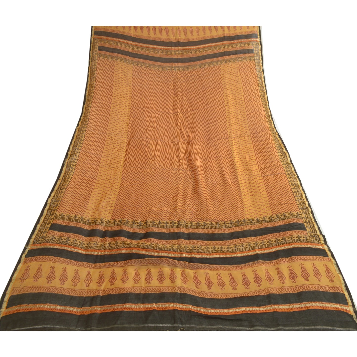Sanskriti Vintage Long Dupatta Stole Cotton Silk Mustard Hand-Block Print Shawl