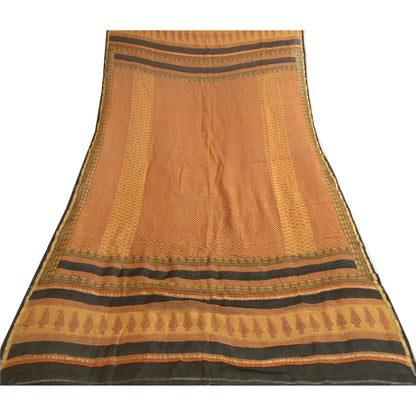 Sanskriti Vintage Long Dupatta Stole Cotton Silk Mustard Hand-Block Print Shawl