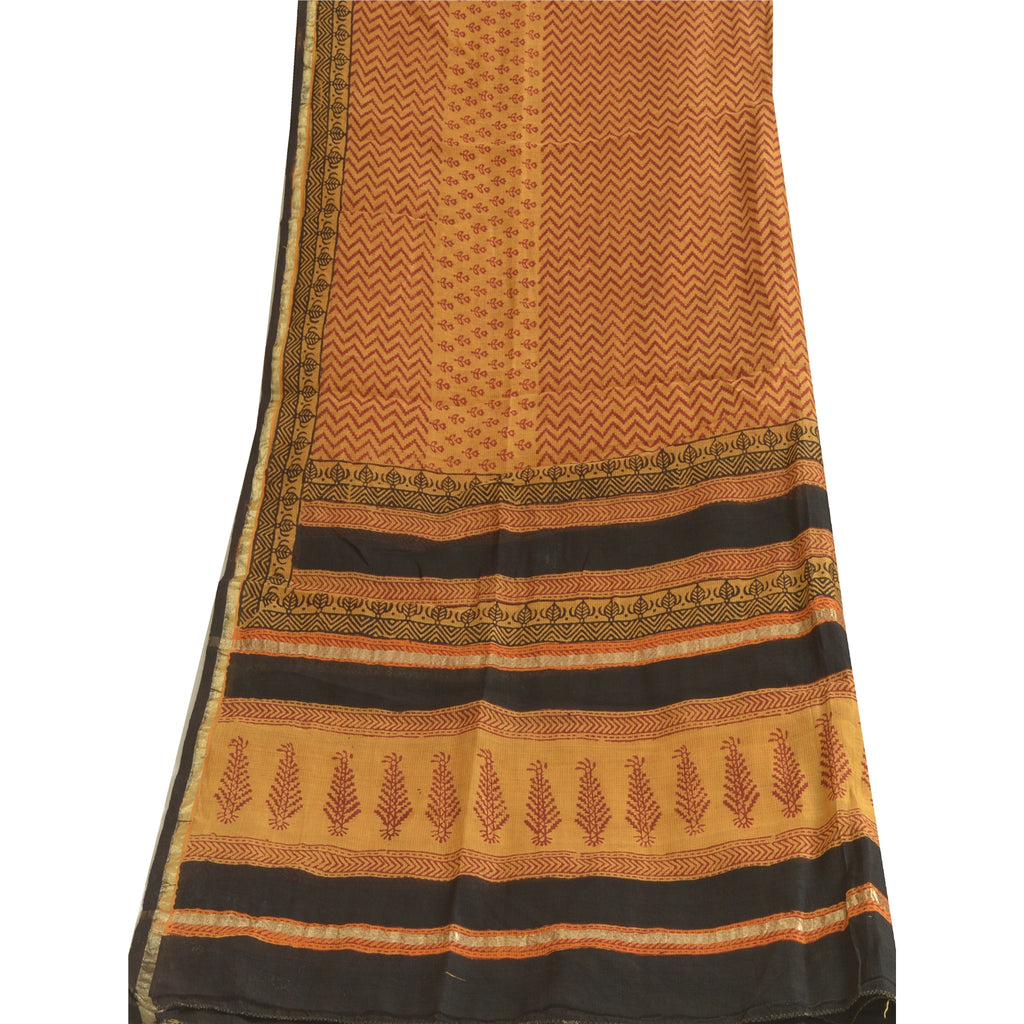 Sanskriti Vintage Long Dupatta Stole Cotton Silk Mustard Hand-Block Print Shawl