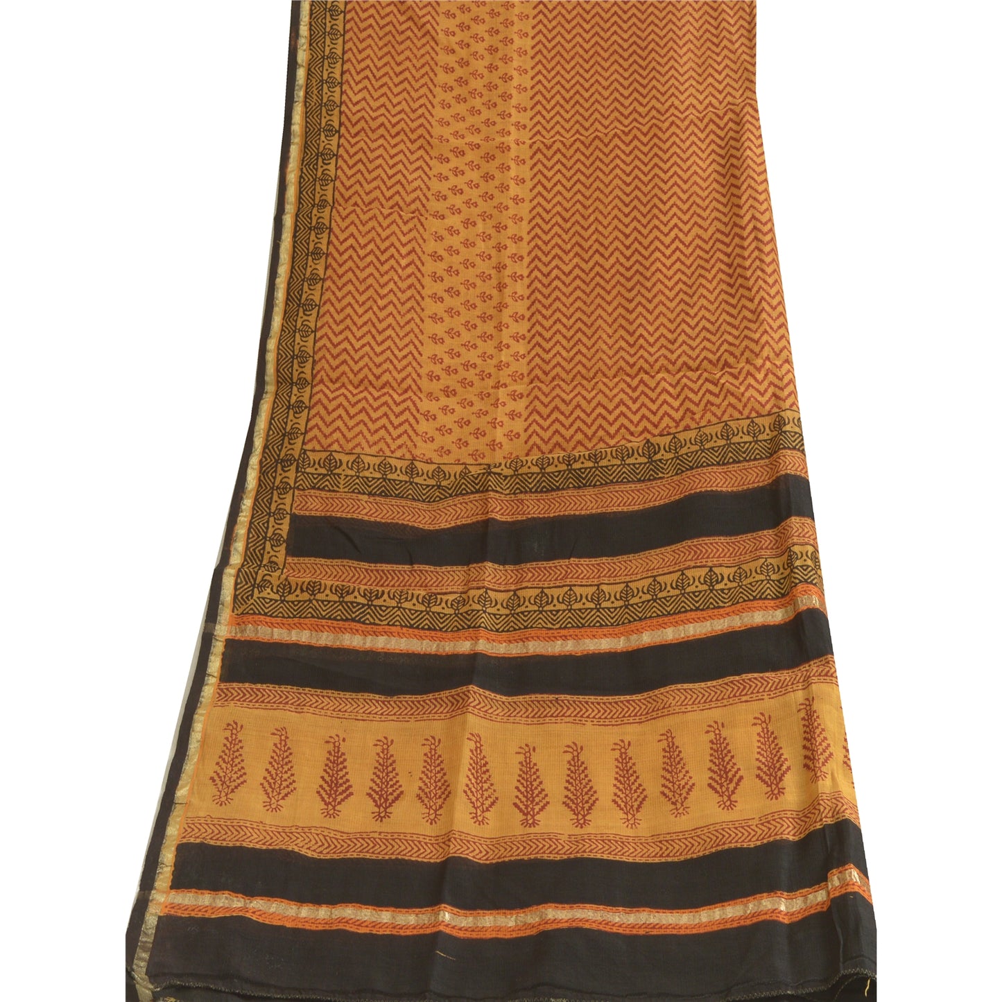 Sanskriti Vintage Long Dupatta Stole Cotton Silk Mustard Hand-Block Print Shawl