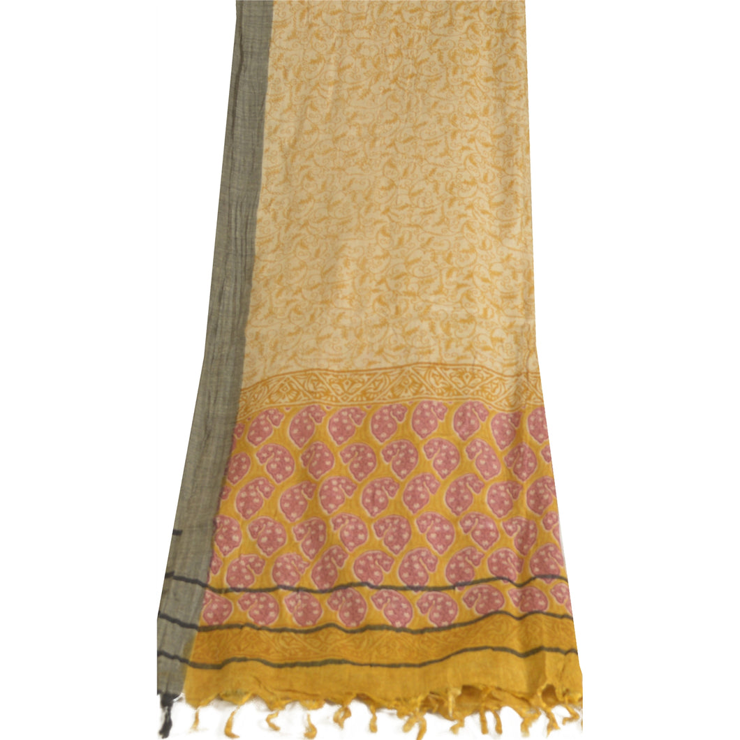 Sanskriti Vintage Ivory/Yellow Long Dupatta Stole Pure Woolen Hijab Printed Veil
