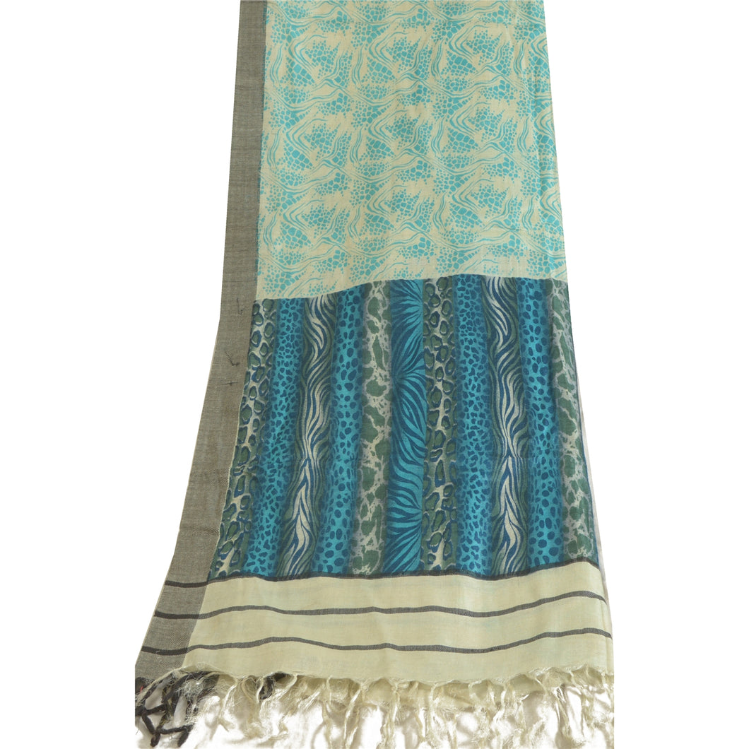 Sanskriti Vintage Ivory/Blue Long Dupatta Stole Pure Woolen Printed Wrap Shawl
