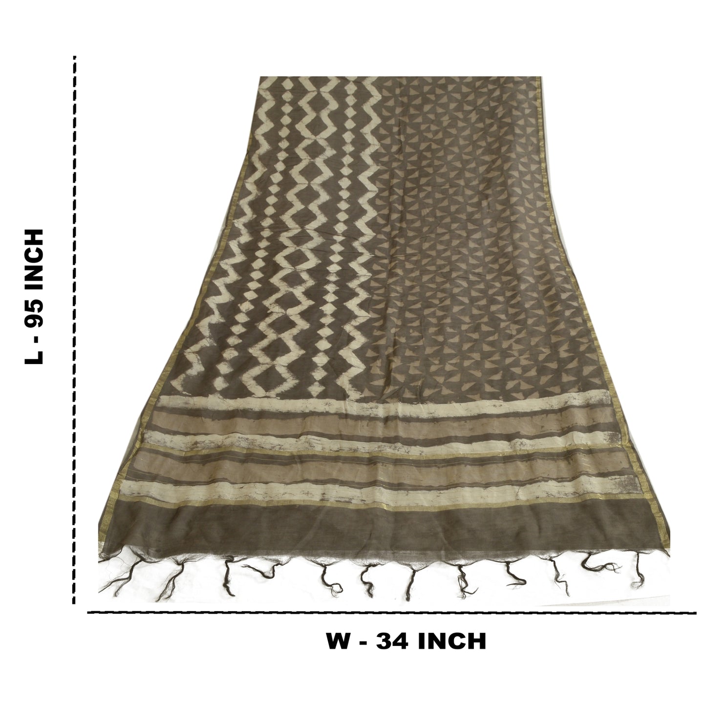 Sanskriti Vintage Dupatta Long Stole Pure Silk Brown/Ivor Batik Work Wrap Hijab