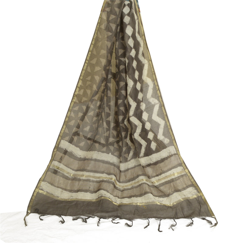 Sanskriti Vintage Dupatta Lang Stola Ren Silke Brun/Elfenben Batik Arbejds Wrap Hijab
