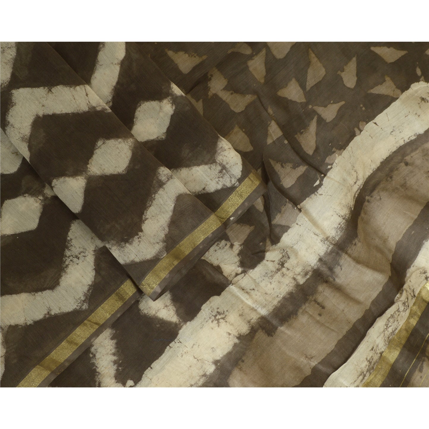 Sanskriti Vintage Dupatta Long Stole Pure Silk Brown/Ivor Batik Work Wrap Hijab