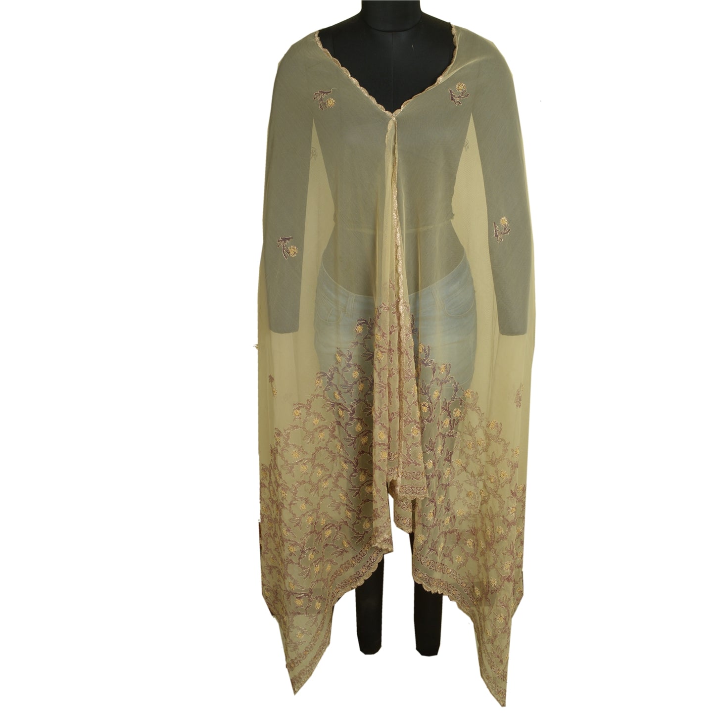 Sanskriti Vintage Creme Lange Dupatta Stole Net Mesh Slør Håndperlede Tørklæder