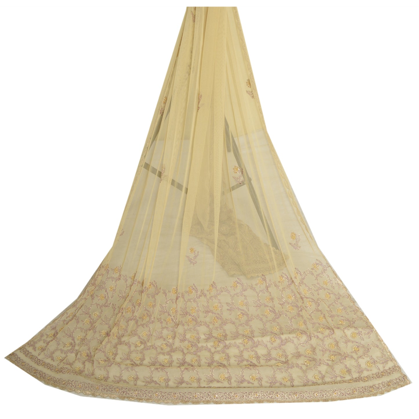 Sanskriti Vintage Creme Lange Dupatta Stole Net Mesh Slør Håndperlede Tørklæder