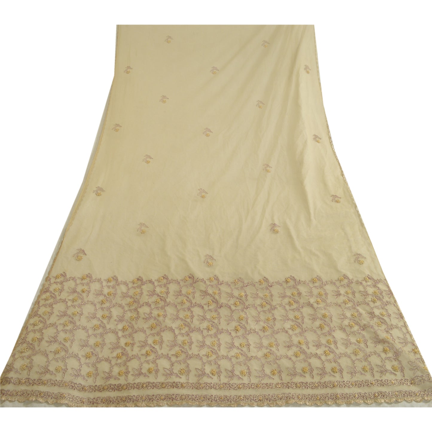 Sanskriti Vintage Creme Lange Dupatta Stole Net Mesh Slør Håndperlede Tørklæder