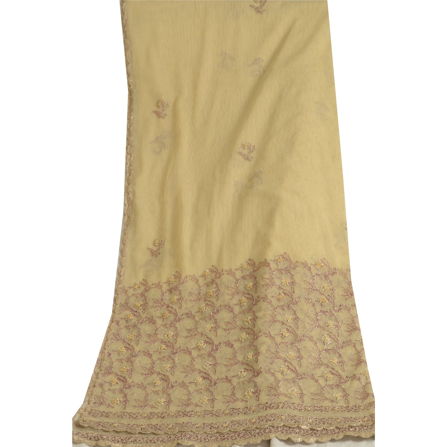 Sanskriti Vintage Creme Lange Dupatta Stole Net Mesh Slør Håndperlede Tørklæder