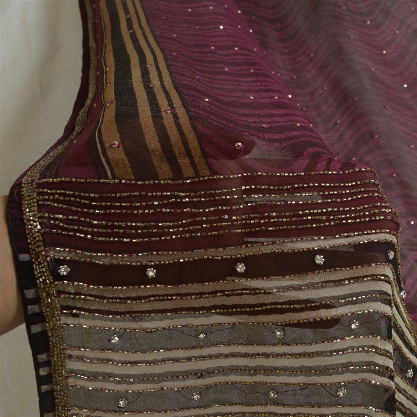 Sanskriti Vintage Lang Lilla Dupatta/Stola Ren Georgette Silke Håndperlet Slør